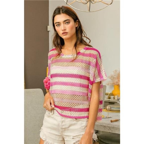 ✨NWT BiBi Striped Openwork Short Sleeve Knit‎ Cover Up - Picture 4 of 4